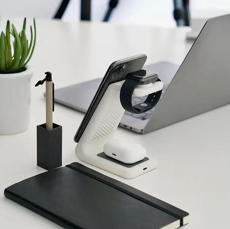 STM Goods charge tree wireless charger on desk for phone, Apple Watch, and AirPods