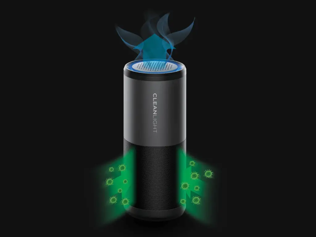 The CleanLIght Air portable UV air purifier, with added illustration to show how it works.