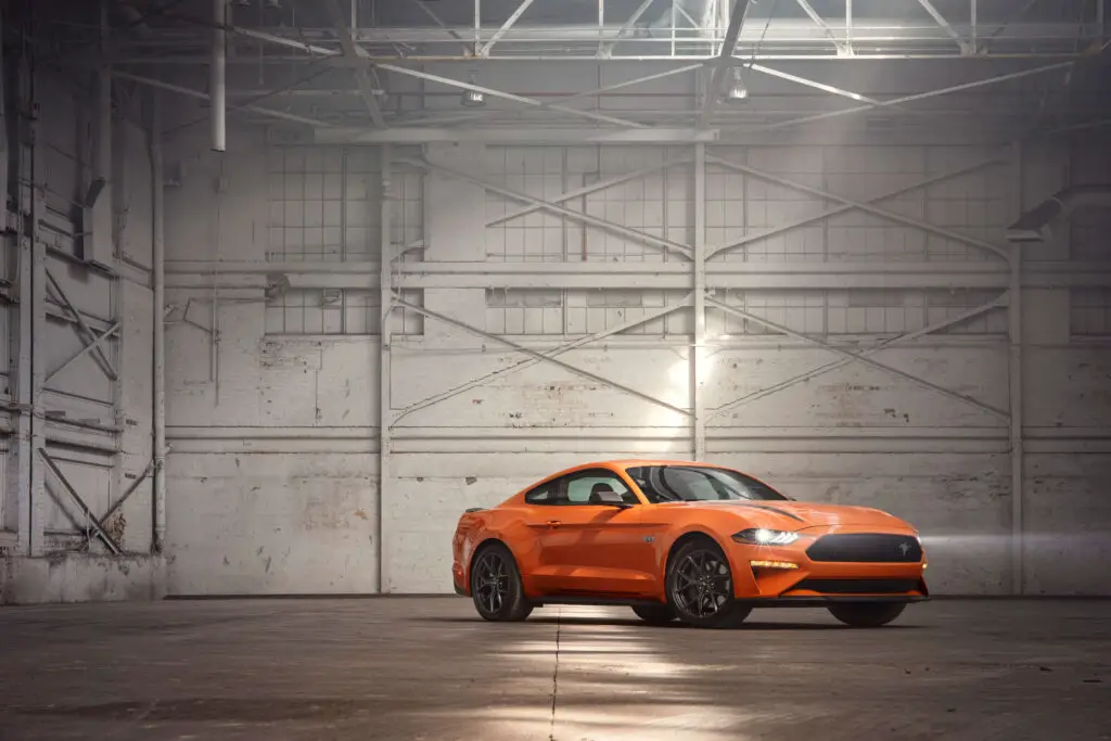 Ford's 2020 Mustang EcoBoost Coupe in an industrial type garage.