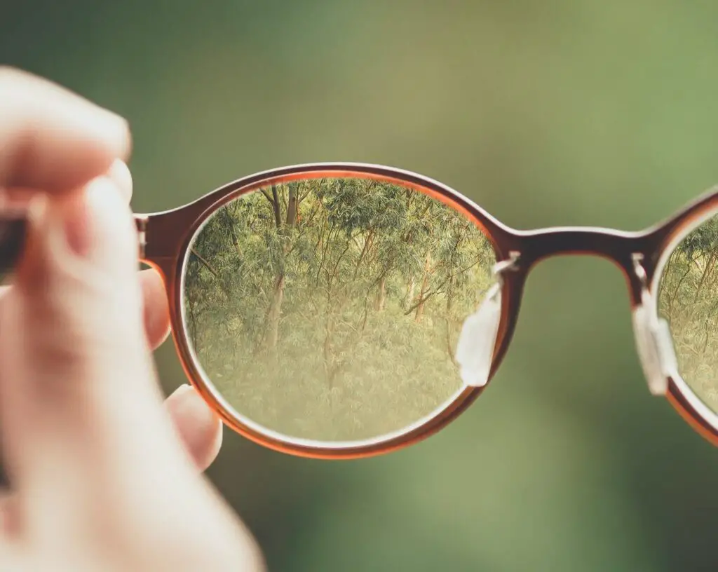 A pair of Peepers glasses where the world is blurred around it, but looking through the lens is crystal clear.