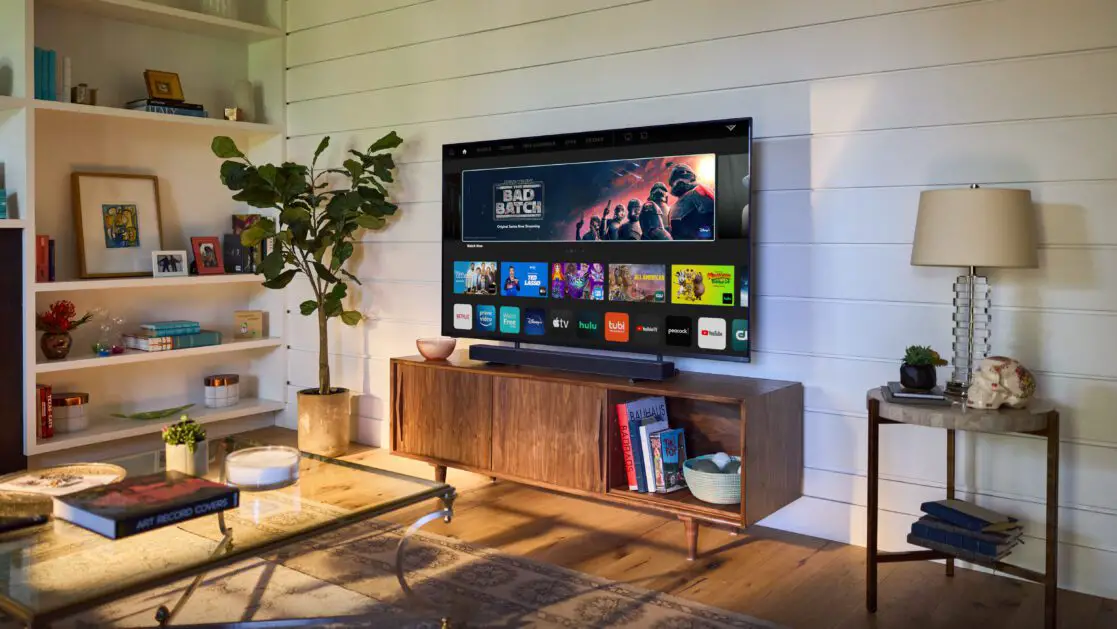The VIZIO entertainment center set up with the smart TV and the nice, V series soundbar.