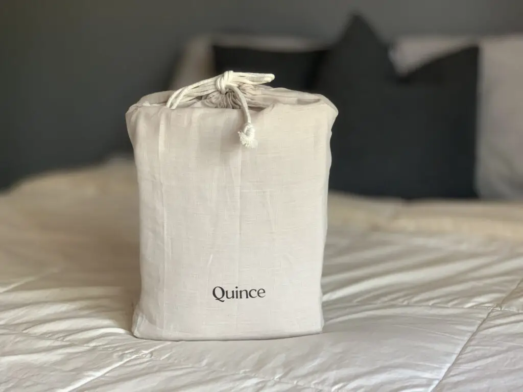 Reusable bag with Quince Linen sheets inside. Photo by Annalise Santillan. 