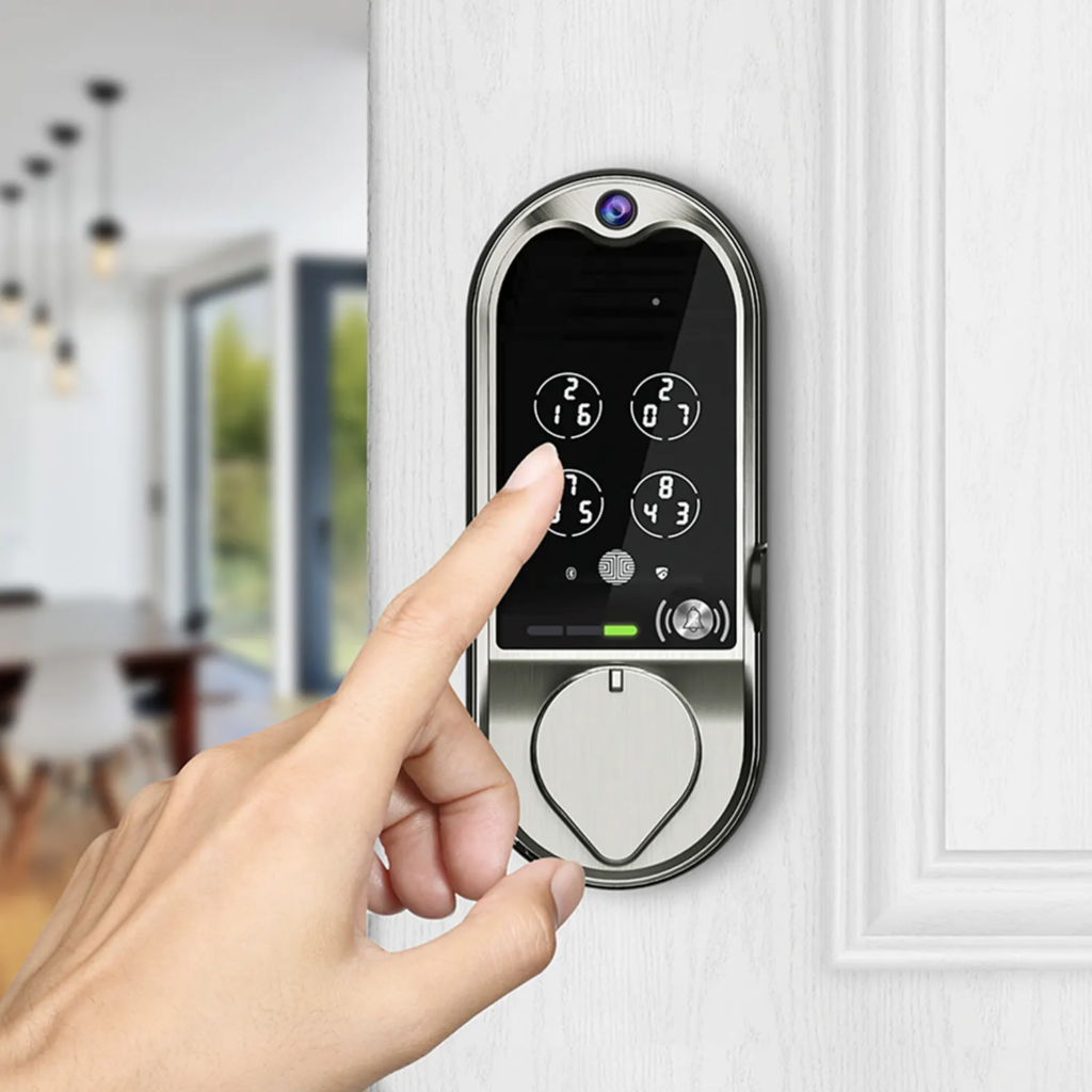 A person using the Lockly Vision Doorbell Camera Lock