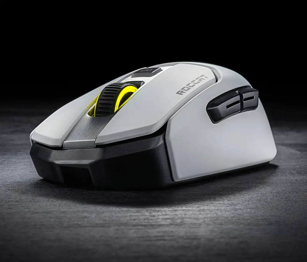 The Roccat Rain 200 Aimo Wireless gaming mouse on a desk.
