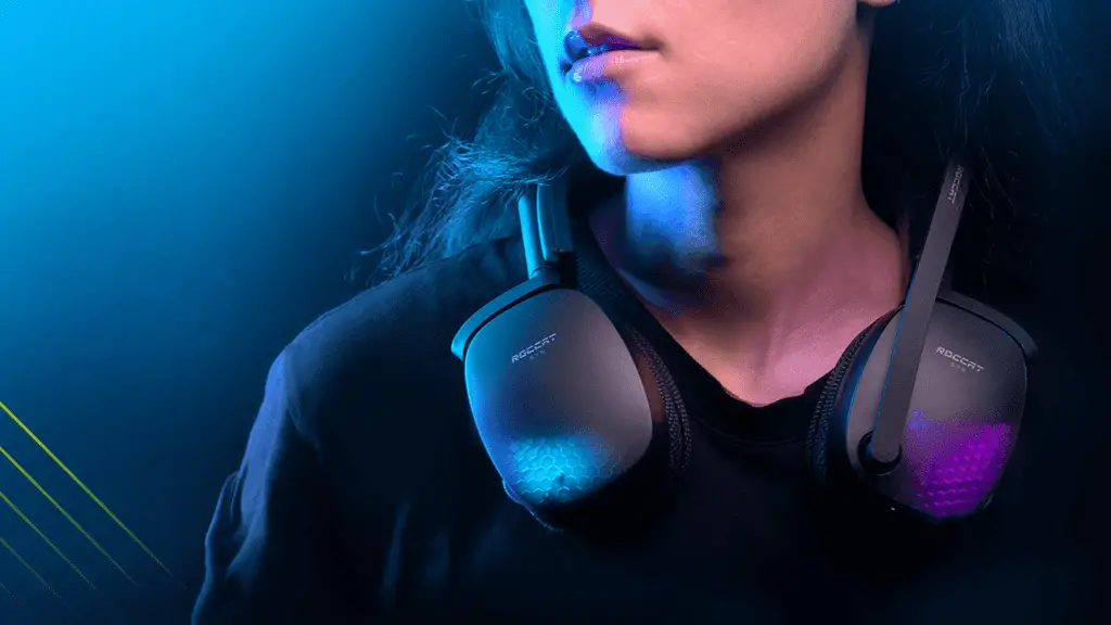 A woman wearing her Roccat Syn Pro Air gaming headset around her shoulders.